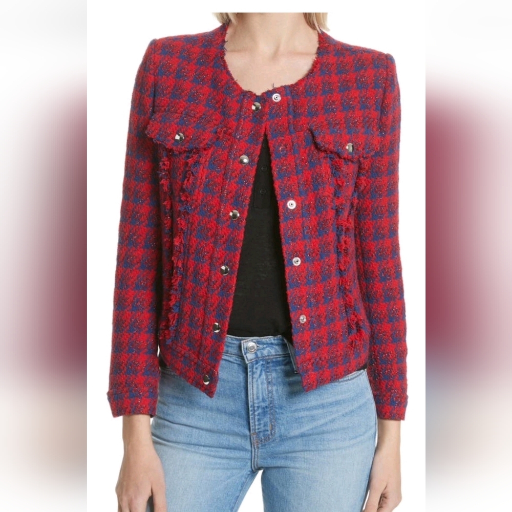 IRO Wool Blend Red and Blue Houndstooth boucle Textured Jacket SZ 6 (38) wBrooch